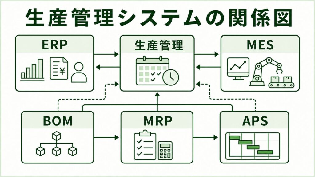 生産管理システムとERP、MES、BOM、MRP、APSの関係を示す緑系図解