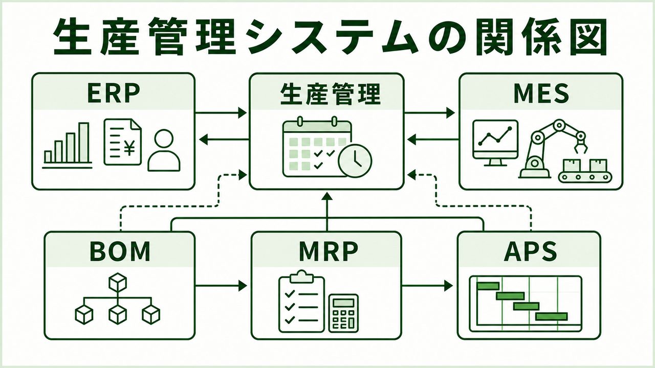 生産管理システムとERP、MES、BOM、MRP、APSの関係を示す緑系図解