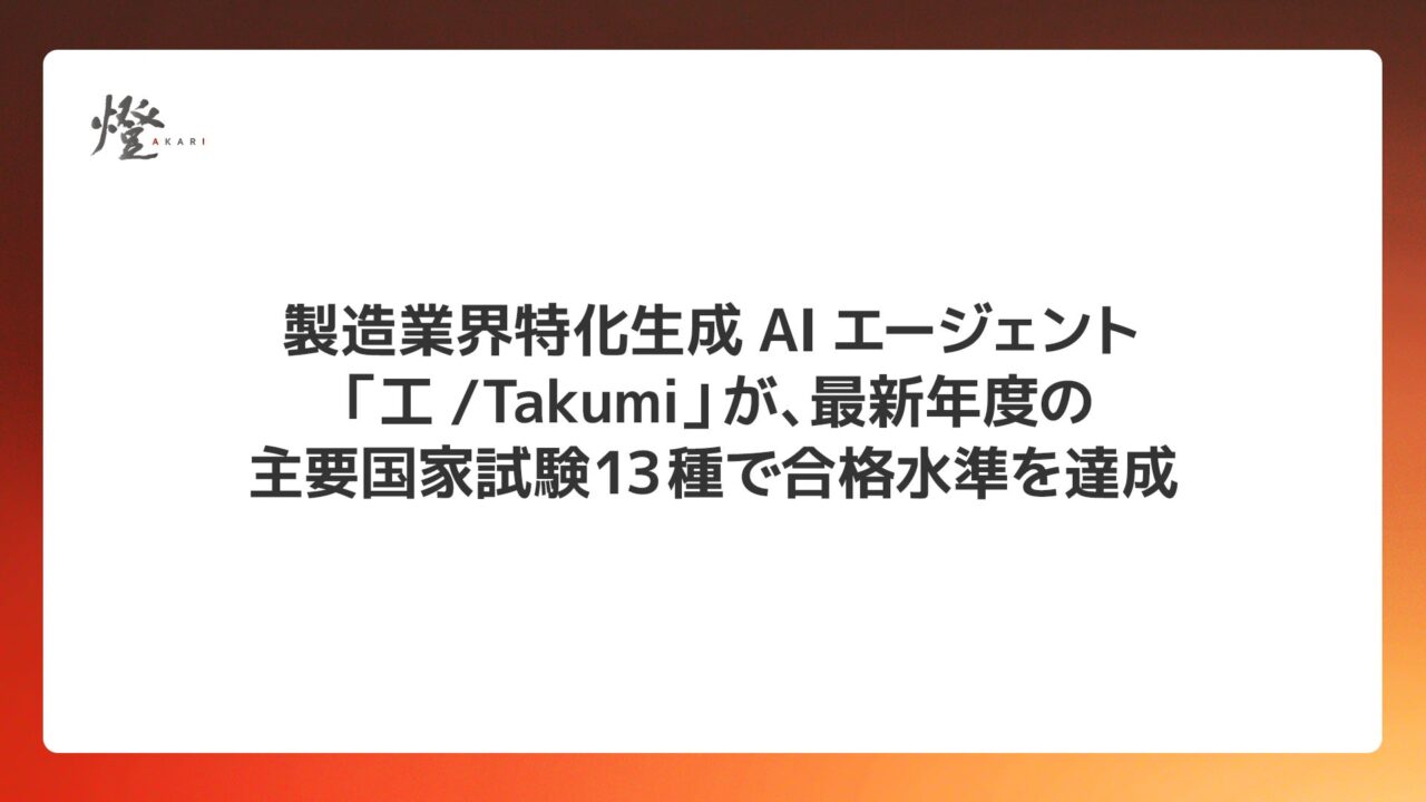 製造業特化AI「工/Takumi」が国家試験13種で合格水準を達成。実務有効性を実証