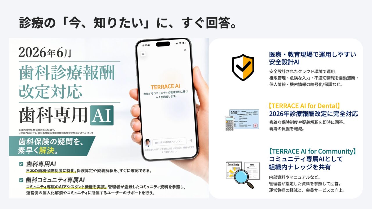歯科医療向けAI「TERRACE AI」登場。複雑な保険算定や組織内ナレッジ共有を支援
