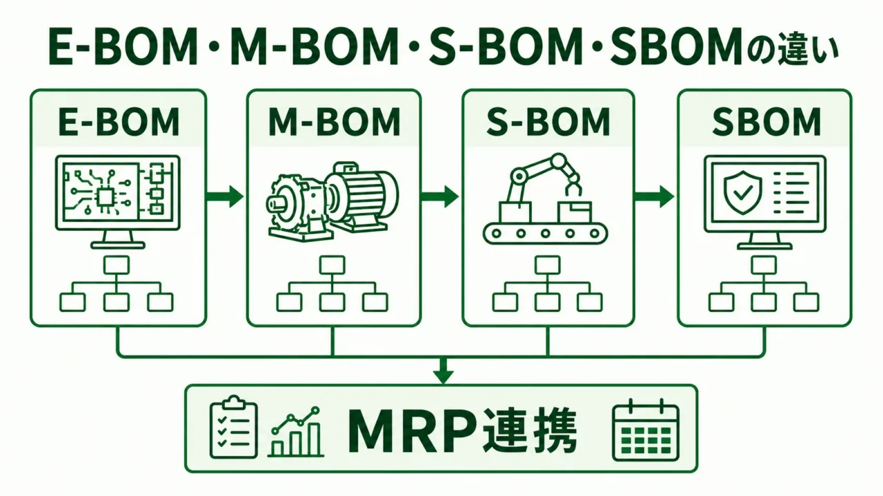 BOM（部品表）の図解。E-BOM・M-BOM・S-BOM・SBOMの違いを緑系パレットで示す画像