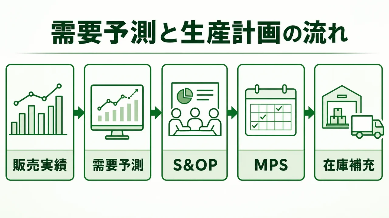 需要予測 生産管理の図解。販売実績・需要予測・S&OP・MPS・在庫補充の流れを緑系パレットで示す画像