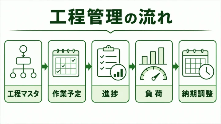 工程管理の図解。工程マスタ・作業予定・進捗・負荷・納期調整の流れを緑系パレットで示す画像