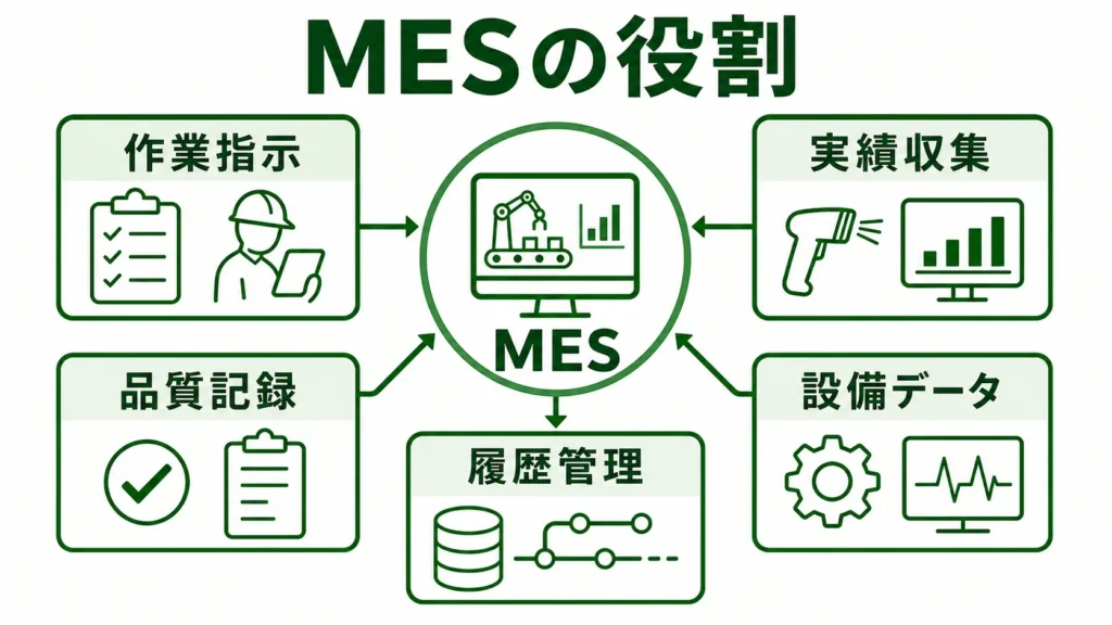 MES（製造実行システム）の図解。MESが扱う作業指示・実績・品質・設備・トレーサビリティを緑系パレットで示す画像