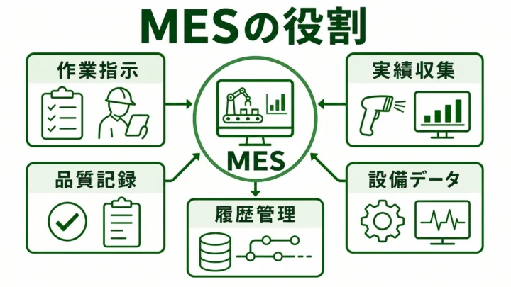 MES（製造実行システム）の図解。MESが扱う作業指示・実績・品質・設備・トレーサビリティを緑系パレットで示す画像