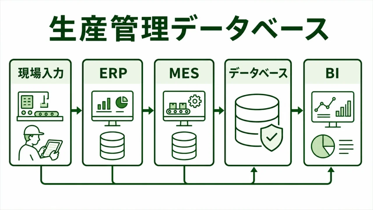 生産管理データベースの図解。Excel・現場入力・ERP・MES・BIをつなぐデータ基盤を緑系パレットで示す画像