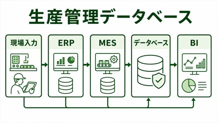 生産管理データベースの図解。Excel・現場入力・ERP・MES・BIをつなぐデータ基盤を緑系パレットで示す画像