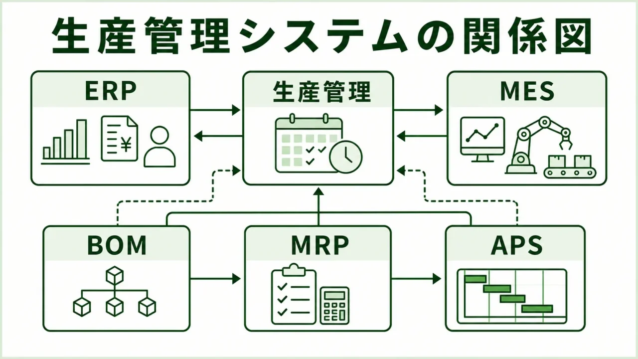 生産管理システムの図解。ERP・生産管理・MES・APS・MRP・BOMの関係図を緑系パレットで示す画像