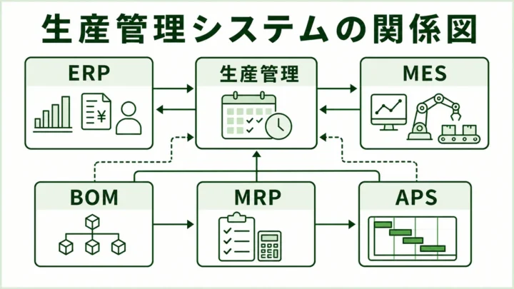 生産管理システムの図解。ERP・生産管理・MES・APS・MRP・BOMの関係図を緑系パレットで示す画像
