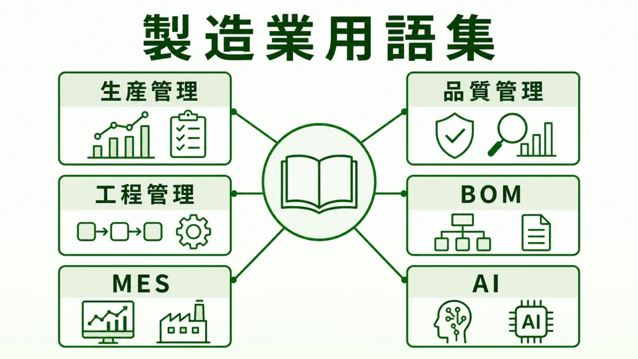 製造業用語集の図解。生産管理・品質管理・工程管理・BOM・MES・AIの用語カテゴリマップを緑系パレットで示す画像
