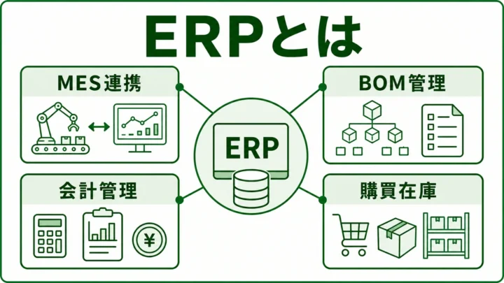 ERPとはの図解。ERP・MES・BOM・会計・購買の役割分担を緑系パレットで示す画像