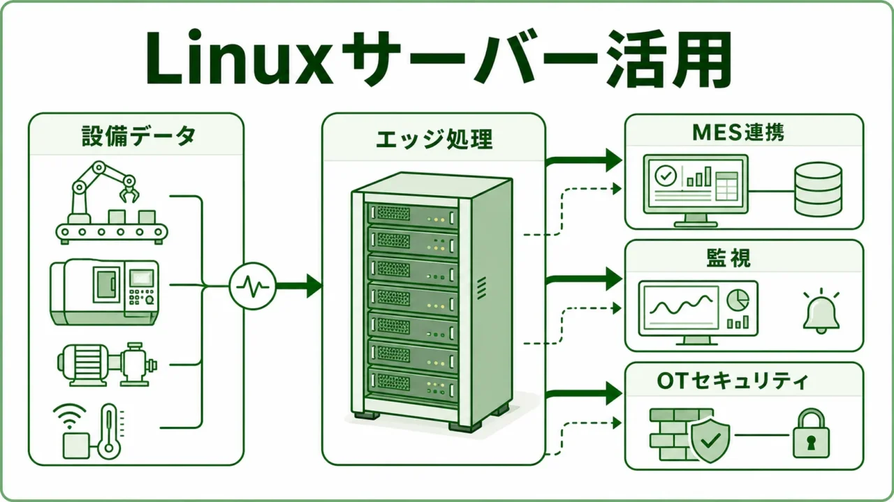 Linuxサーバー 製造現場の図解。設備データ・エッジ処理・MES・OTセキュリティの関係を緑系パレットで示す画像