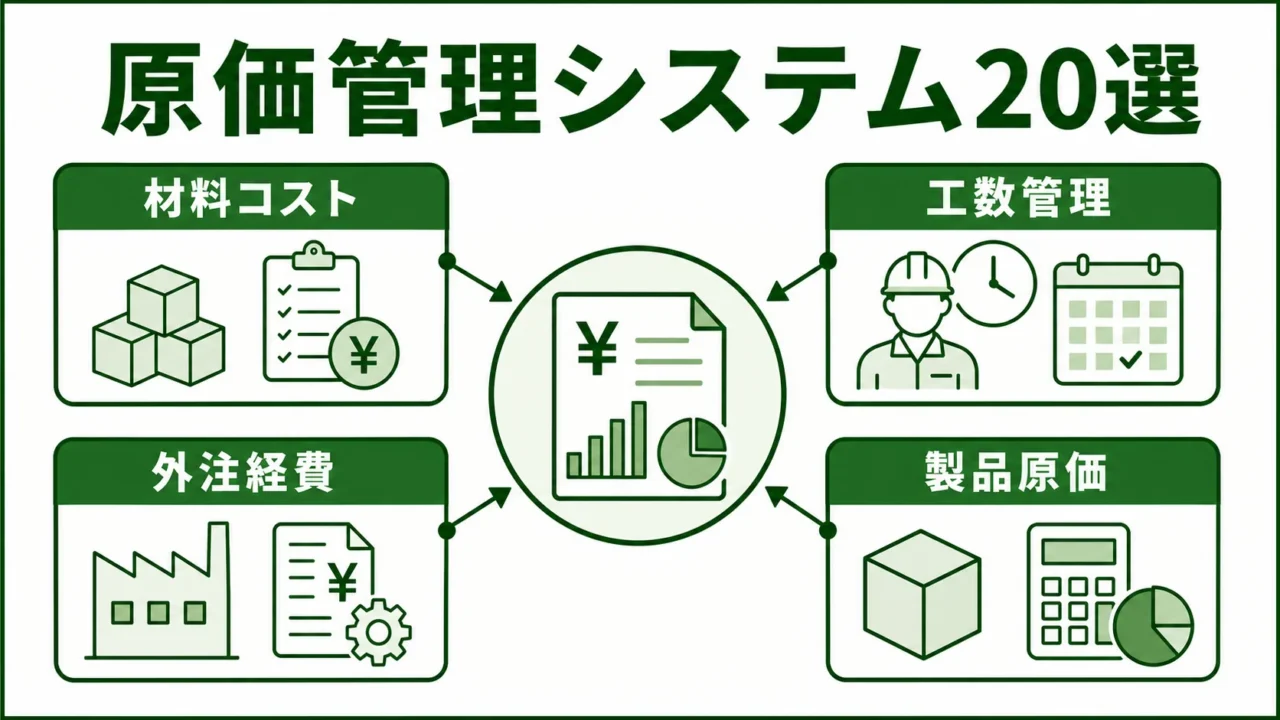 製造業向け原価管理システム20選の図解。製造原価を分解する視点を緑系パレットで示す画像