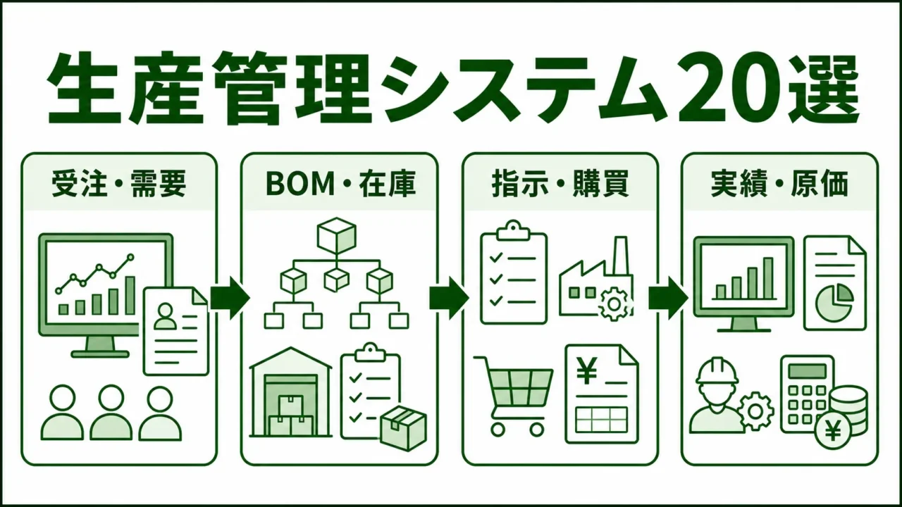 製造業向け生産管理システム20選の図解。生産管理システムがつなぐ業務範囲を緑系パレットで示す画像