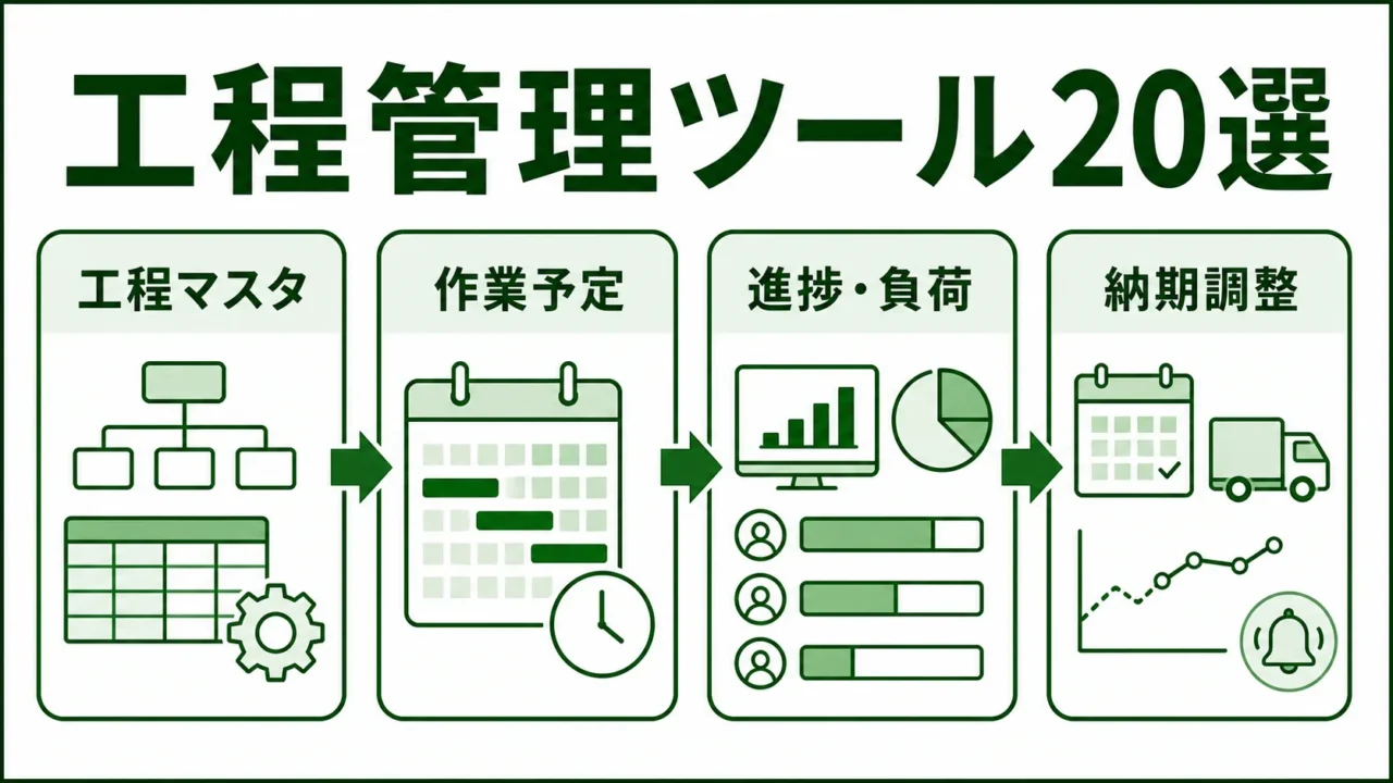製造業向け工程管理ツール20選の図解。工程管理で見るべき流れを緑系パレットで示す画像