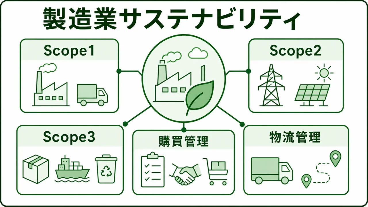 製造業サステナビリティの図解。Scope1・Scope2・Scope3と製造現場データの関係を緑系パレットで示す画像