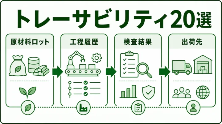製造業向けトレーサビリティシステム20選の図解。トレーサビリティで追う履歴を緑系パレットで示す画像