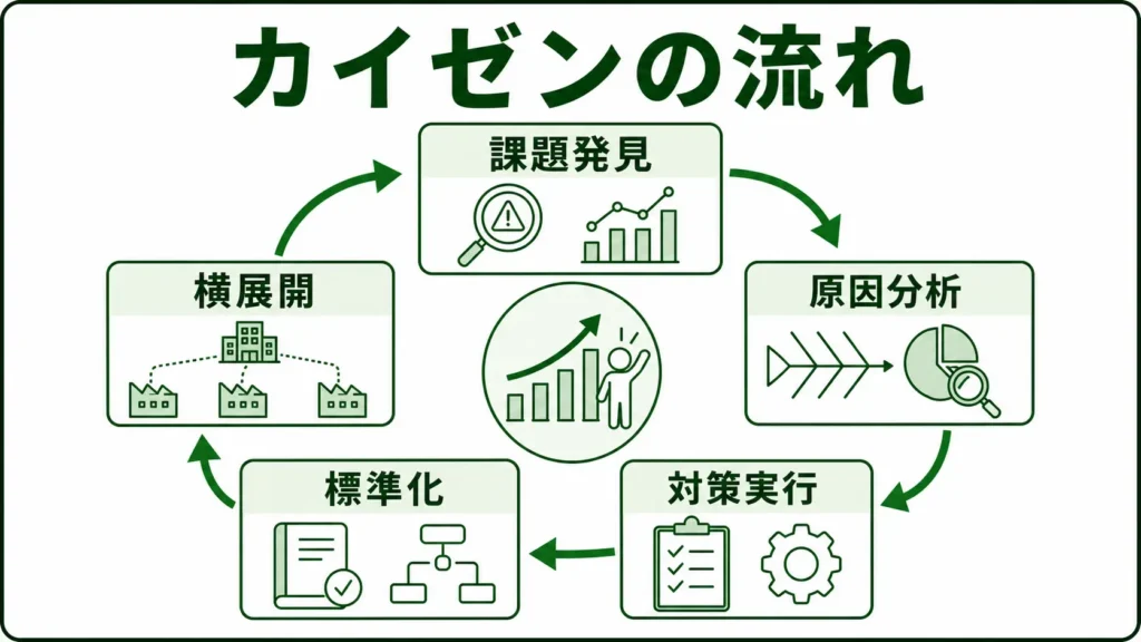 カイゼンの図解。現場課題・原因分析・対策・標準化・横展開の改善サイクルを緑系パレットで示す画像