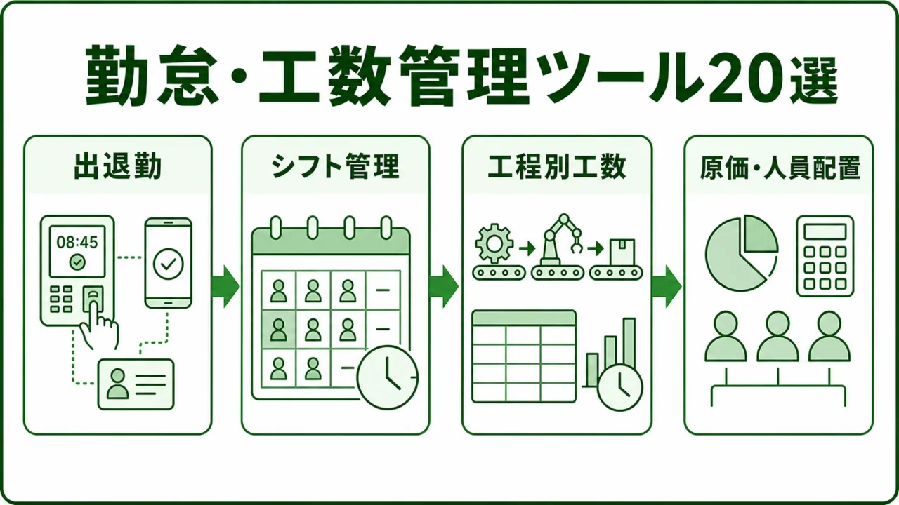 製造業向け勤怠・工数管理ツール20選の図解。勤怠と工数を分けて見るを緑系パレットで示す画像