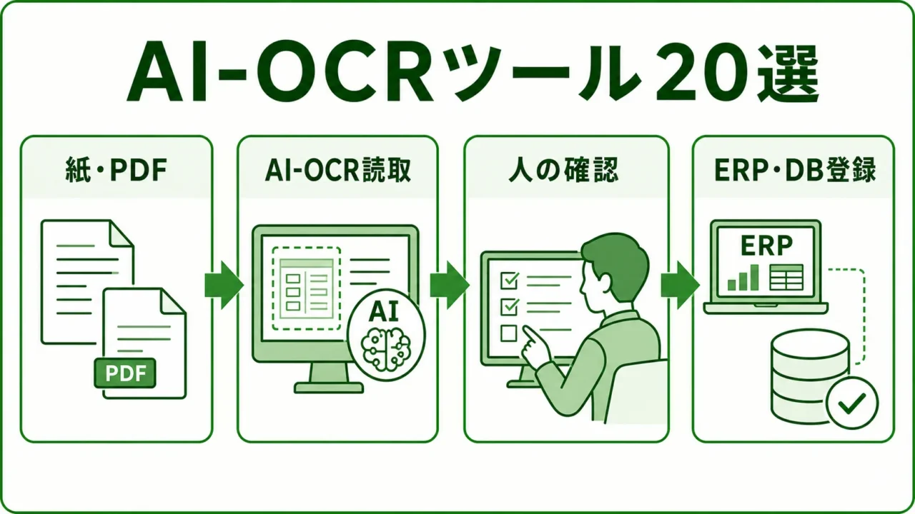 製造業向けAI-OCRツール20選の図解。AI-OCRの帳票データ化フローを緑系パレットで示す画像