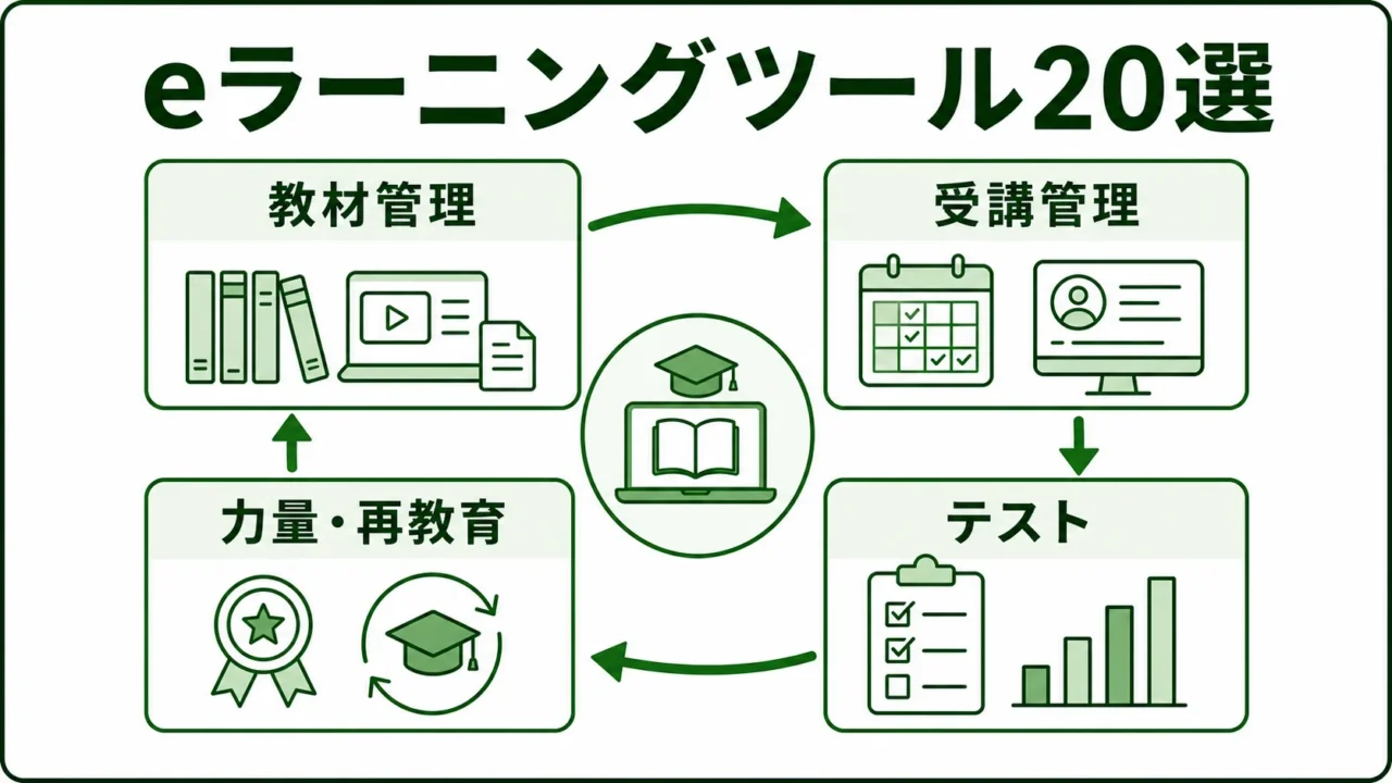 製造業向けeラーニングツール20選の図解。製造業eラーニングの管理サイクルを緑系パレットで示す画像