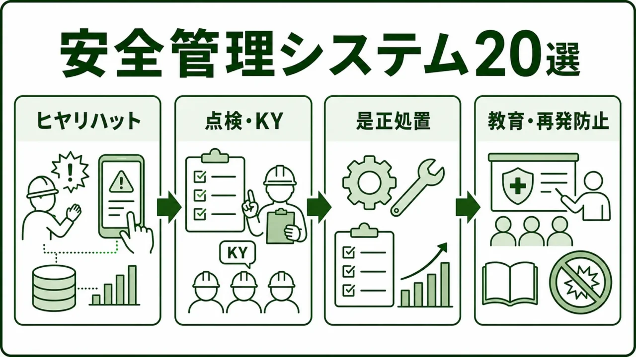製造業向け安全管理システム20選の図解。安全管理システムの改善サイクルを緑系パレットで示す画像