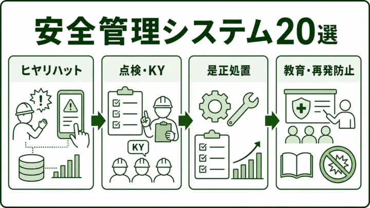 製造業向け安全管理システム20選の図解。安全管理システムの改善サイクルを緑系パレットで示す画像
