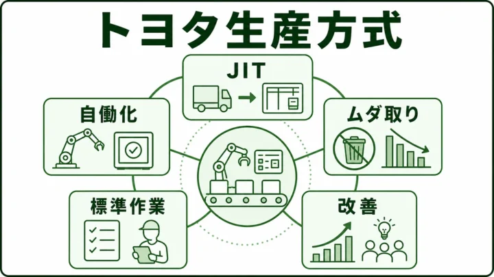 トヨタ生産方式の図解。ジャストインタイム・自働化・ムダ取り・標準作業の関係を緑系パレットで示す画像