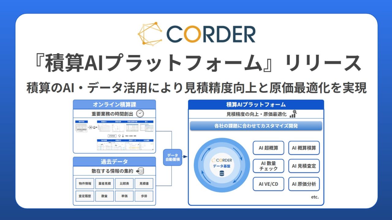 CORDERが「積算AIプラットフォーム」提供開始。見積精度向上と原価最適化へ