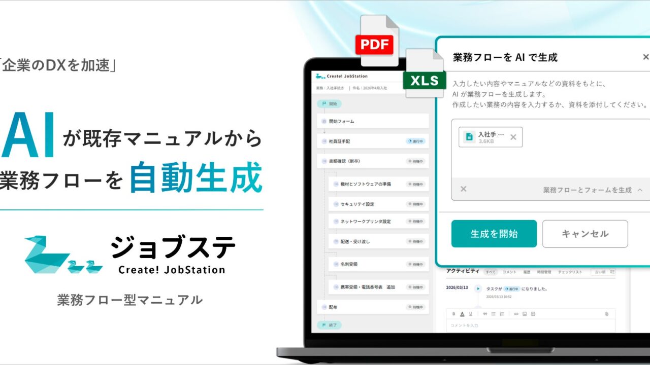 ジョブステにAI業務フロー自動生成機能。既存マニュアルから実行管理へ