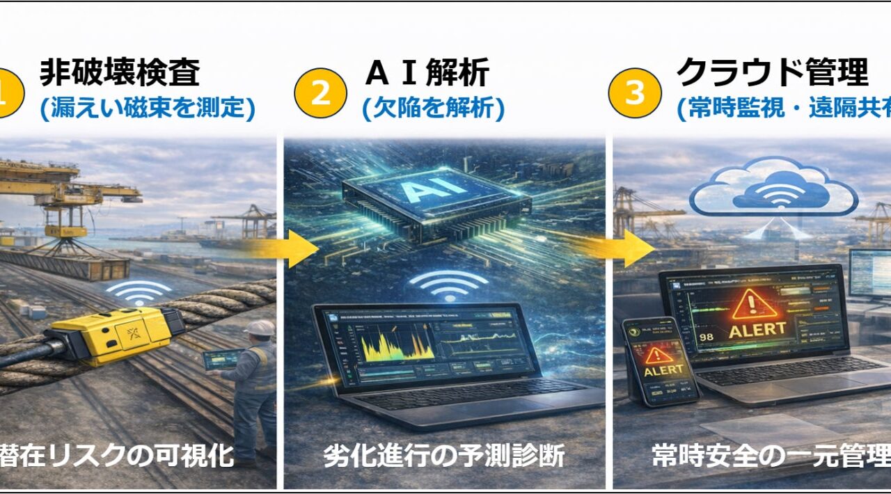 非破壊検査とAIでワイヤロープ内部を可視化する診断システムが展示会に出展