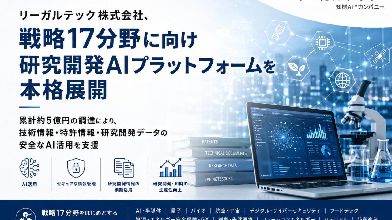 リーガルテック、研究開発AI基盤を本格展開へ。資金調達で知財・技術情報の安全活用を強化