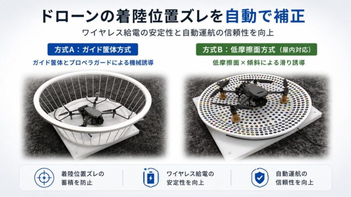 ドローンの着陸ズレを防ぐ自動補正機構を開発、ワイヤレス給電の小型化に貢献