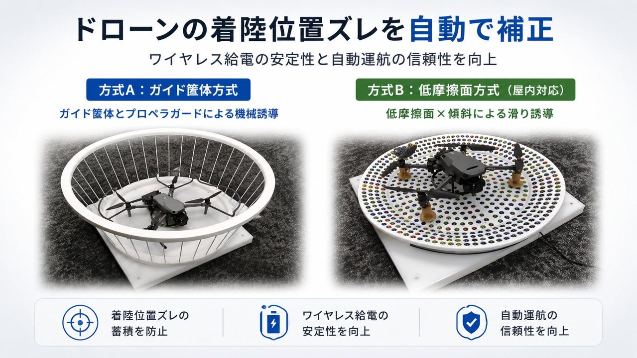 ドローンの着陸ズレを防ぐ自動補正機構を開発、ワイヤレス給電の小型化に貢献