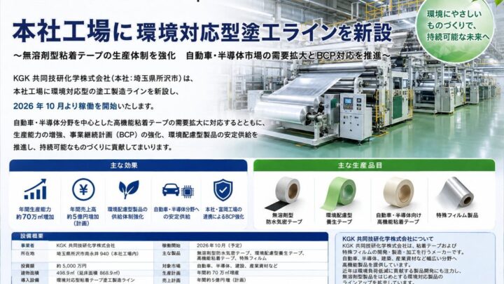 共同技研化学が本社工場に環境対応型塗工ライン新設、無溶剤テープの生産体制強化