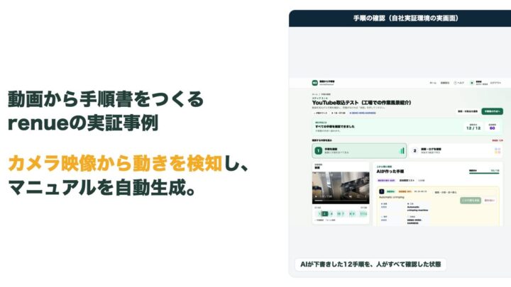 映像からマニュアルを自動生成する工場向けアプリ、renueが開発。AI下書きと人の承認を両立