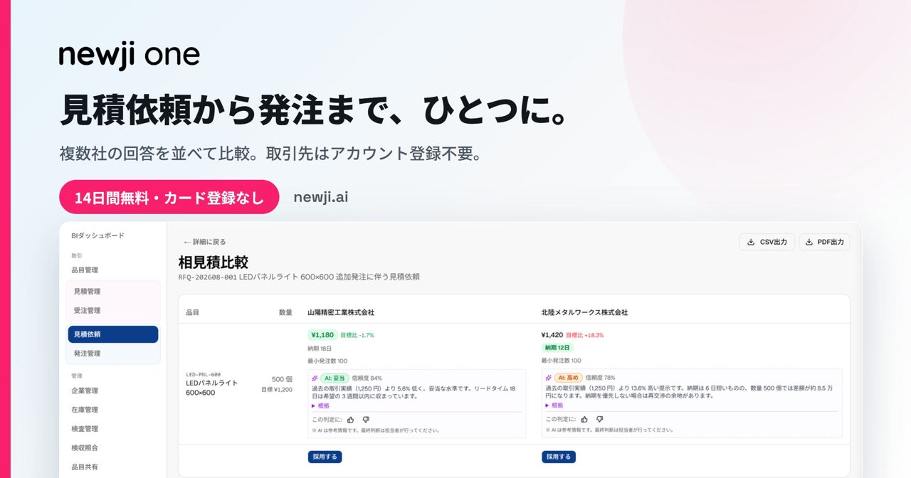 製造業向け見積・受発注クラウド「Newji one」提供開始、AIが単価の妥当性を判定