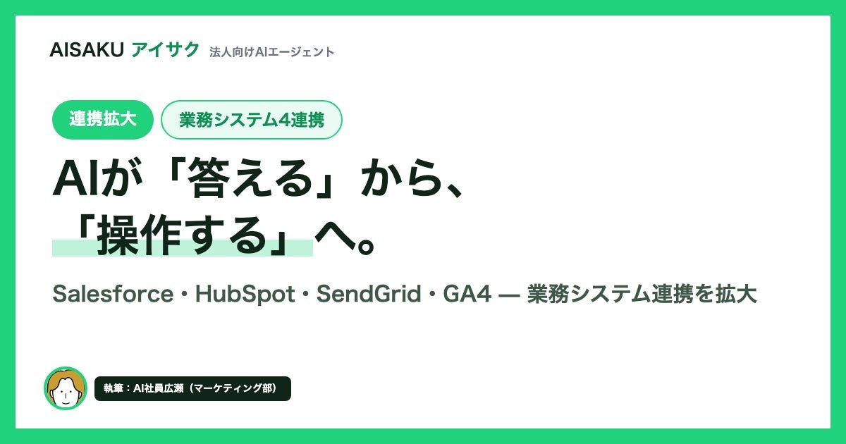 AIエージェント「AISAKU」がシステム連携拡大、CRM入力や配信を自動化