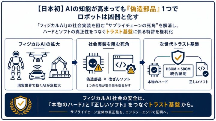 HBOMとSBOMを統合証明する特許技術、フィジカルAIの偽造部品混入を防ぐ
