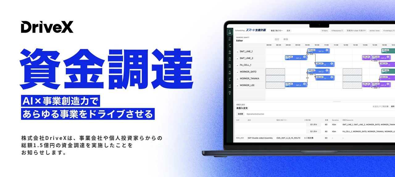 DriveXが1.5億円調達、生産計画AI「スマート生産計画」の開発と導入支援を強化